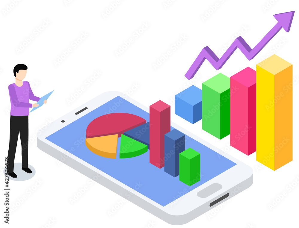 Guy is working with data using smartphone. Male character while working with statistical graph Guy is working with data using smartphone. Male character while working with statistical graph