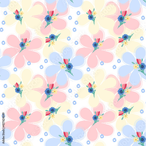 Seamless pattern with flowers and leaves. Sample style. Vector doodles . Vector endless texture