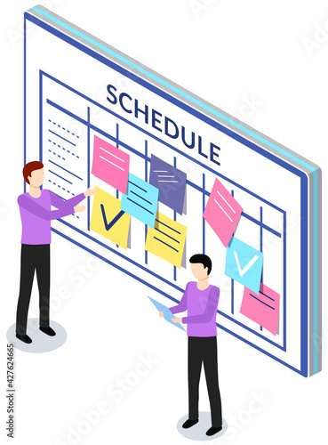 Employees planning schedule for week. Timetable with to-do plans. Men are looking at reminder