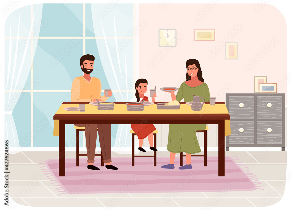 Fototapeta premium People are eating indian food at home. Family members mother, father and daughter sitting at table