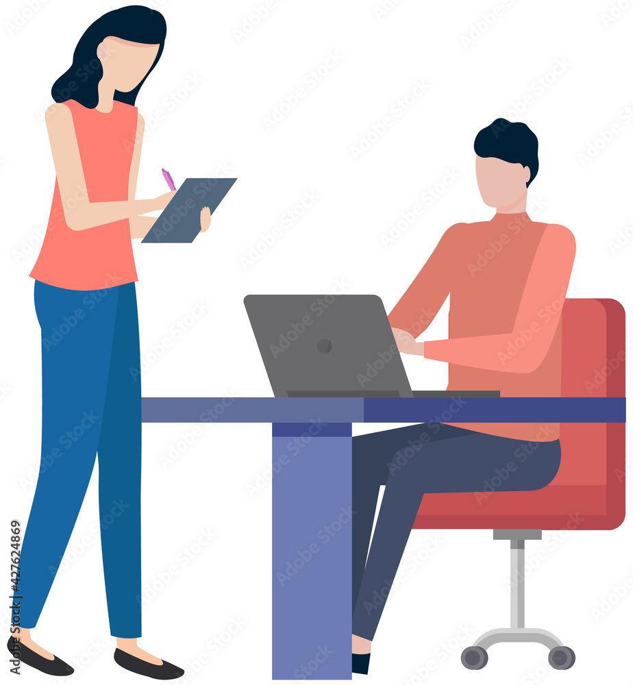 Man sits and works at computer. Woman stands and writes information in notebook isolated on white Man sits and works at computer. Woman stands and writes information in notebook isolated on white