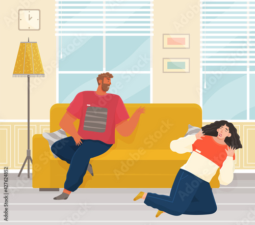 Young people quarreling at home. Man and woman couple in bad relationship, family altercation