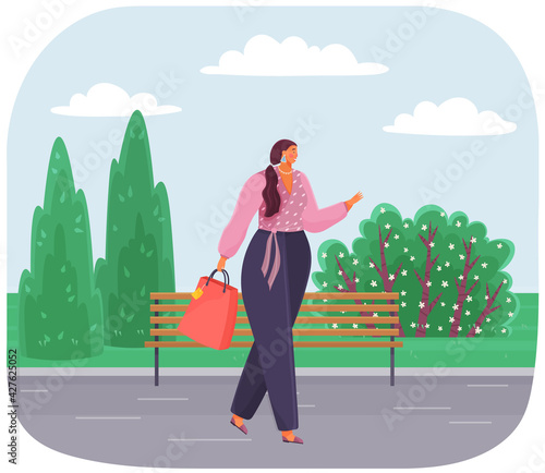 Woman holding paper bag goes shopping from store. Fat girl walking down street in city park