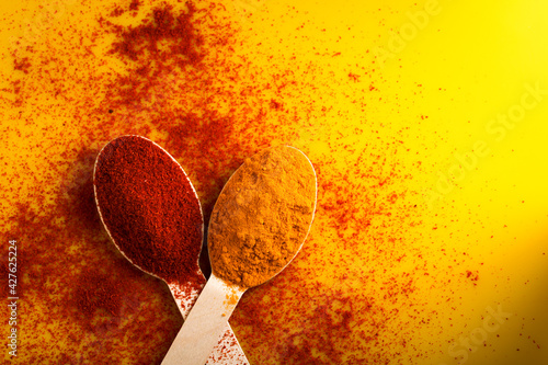 turmeric and chilly powder in spoon