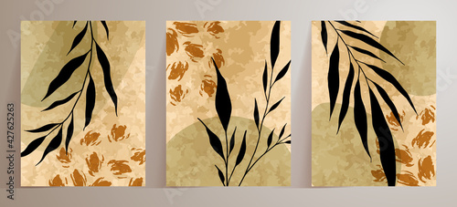 Black palm leaf, gold splashes, drops drawing with abstract shape. Abstract Botanical wall art vector set. Earth tone boho watercolor minimalistic background with doodles Plant geometric hand painted