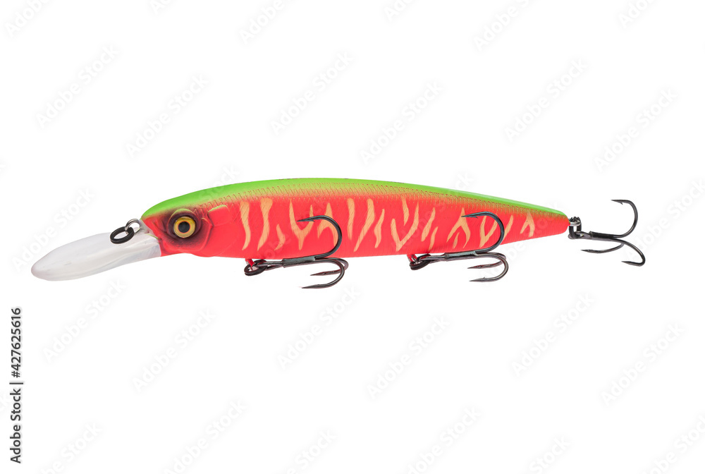 Wobbler with hooks for fishing as bait for fish, which is used for spinning. Fishing tackle for a fisherman. Wobbler with hooks for fishing as bait for fish, which is used for spinning. Fishing tackle for a fisherman.