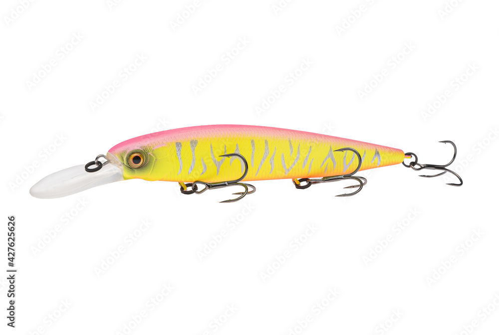 Wobbler with hooks for fishing as bait for fish, which is used for spinning. Fishing tackle for a fisherman. Wobbler with hooks for fishing as bait for fish, which is used for spinning. Fishing tackle for a fisherman.