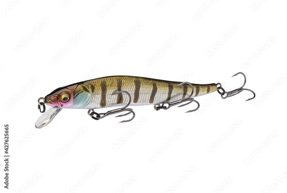 Wobbler with hooks for fishing as bait for fish, which is used for spinning. Fishing tackle for a fisherman. Wobbler with hooks for fishing as bait for fish, which is used for spinning. Fishing tackle for a fisherman.