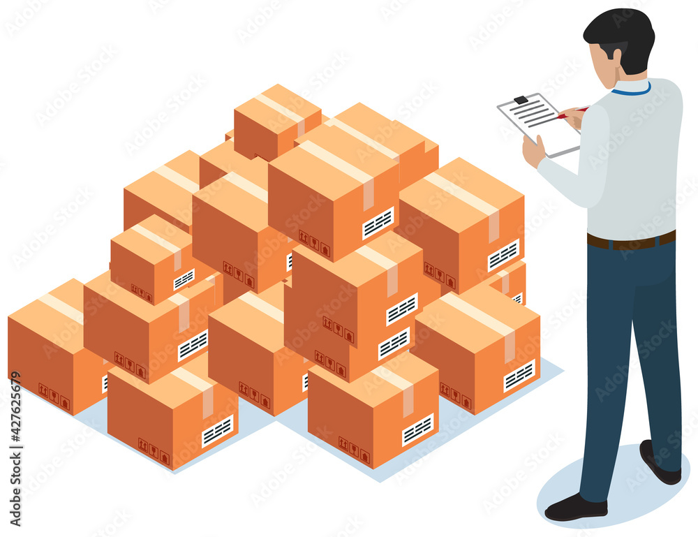 Man makes notes while working with parcels in warehouse. Cardboard boxes for shipment from china Man makes notes while working with parcels in warehouse. Cardboard boxes for shipment from china