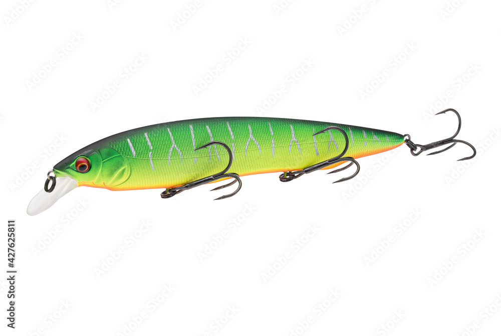 Wobbler with hooks for fishing as bait for fish, which is used for spinning. Fishing tackle for a fisherman. Wobbler with hooks for fishing as bait for fish, which is used for spinning. Fishing tackle for a fisherman.
