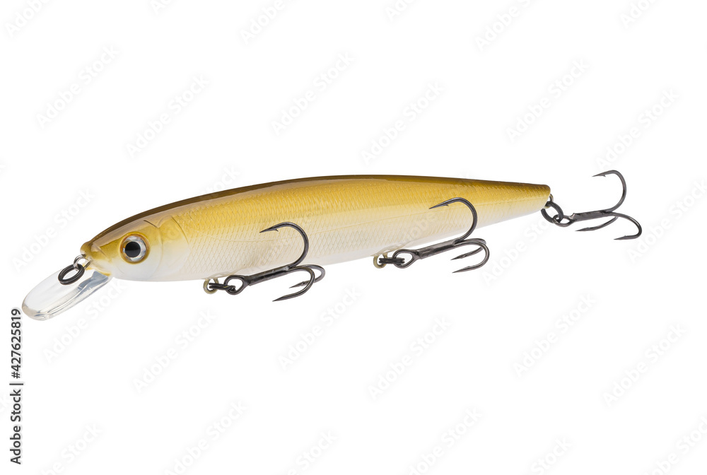 Wobbler with hooks for fishing as bait for fish, which is used for spinning. Fishing tackle for a fisherman. Wobbler with hooks for fishing as bait for fish, which is used for spinning. Fishing tackle for a fisherman.
