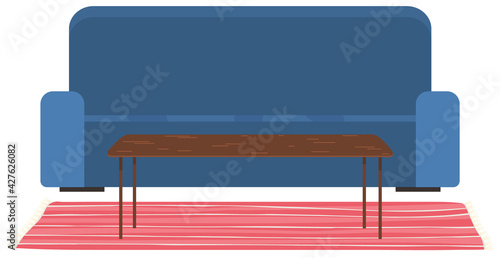 Soft couch with colorful pillows vector illustration. Blue sofa isolated on white background