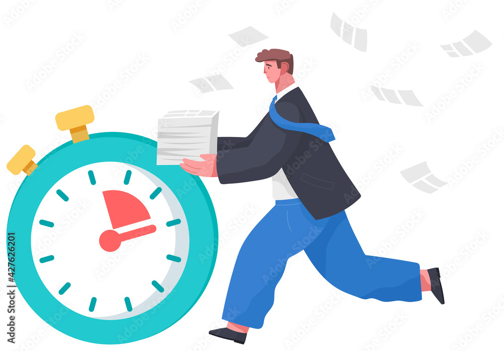 Large stopwatch, running businessman isolated on white. The employee is late and wants to be on time