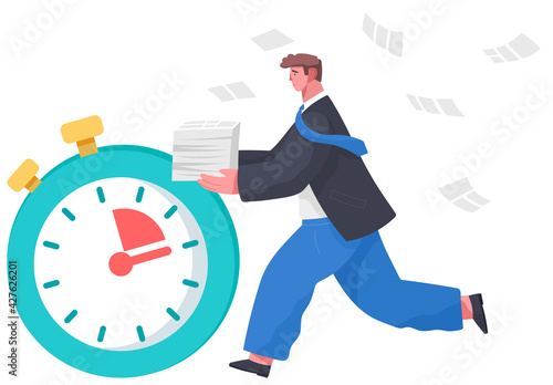 Large stopwatch, running businessman isolated on white. The employee is late and wants to be on time