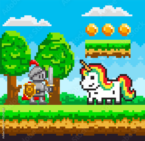 Rainbow unicorn and knight in armor pixel art in nature landscape background, fairytale characters © robu_s