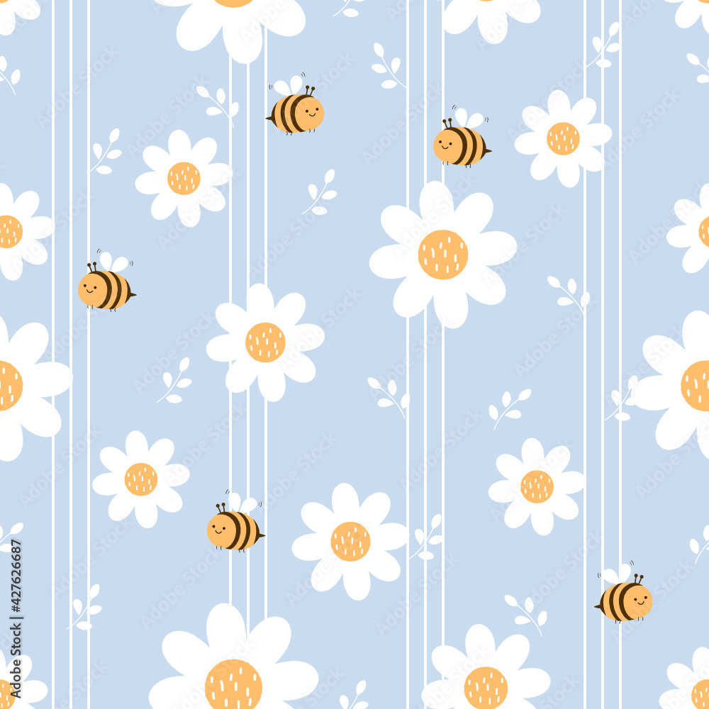 Seamless pattern with daisy flower and bee cartoon on blue background vector illustration.