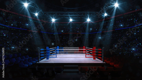 Boxing fight ring. Interior upper view of sport arena with fans and shining spotlights. Digital sport 3D illustration.	
 photo