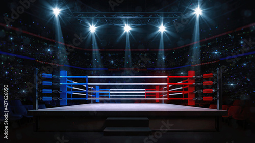 Boxing fight ring close-up. Interior view of sport arena with fans and shining spotlights. Digital sport 3D illustration. 
