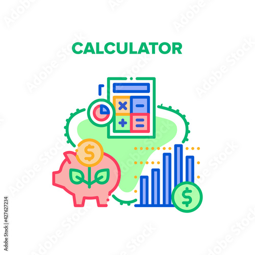 Calculator Tool Vector Icon Concept. Calculator Electronic Device For Counting Profit And Analyzing Financial Market. Researching Finance Infographic And Calculating Budget Color Illustration