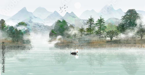 Fototapeta Hand painted Chinese style blue elegant landscape painting