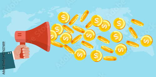 Vector of a business man with loudspeaker making an announcement with dollar coins flying out of megaphone
