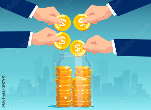 Vector of businesspeople putting dollar coins into a glass jar
