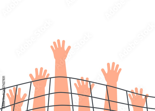Prohibition of hands with nets, restriction of freedom, people are powerless. Containment of power, arrest. Vector illustration