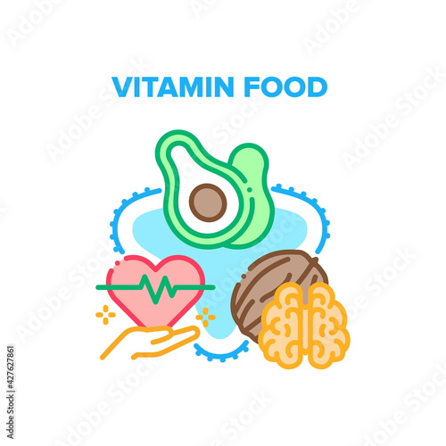 Vitamin Food Vector Icon Concept. Nut And Avocado Vitamin Food For Treatment Heart Beat, Delicious Diet And Healthcare Organic Nutrition. Natural Bio Nourishment Color Illustration