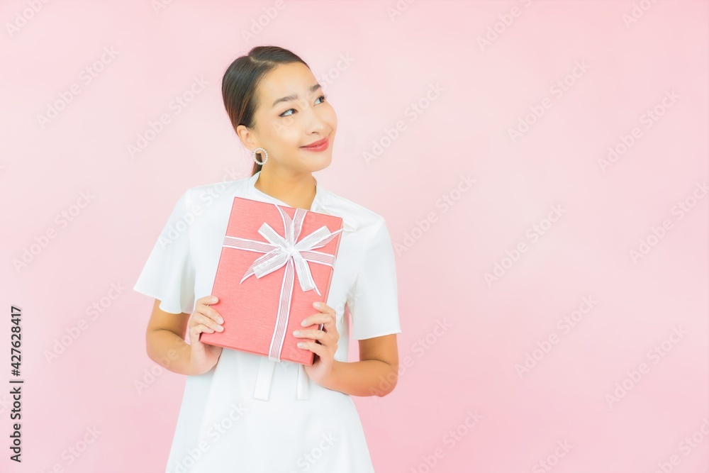 Portrait beautiful young asian woman with red gift box Portrait beautiful young asian woman with red gift box