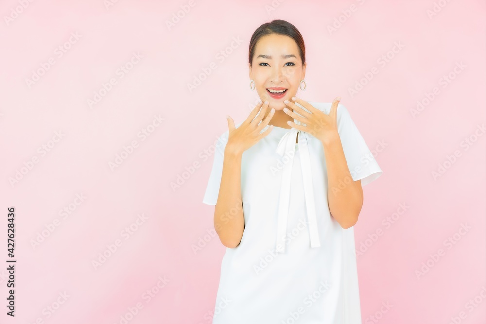 Portrait beautiful young asian woman smile with many action
