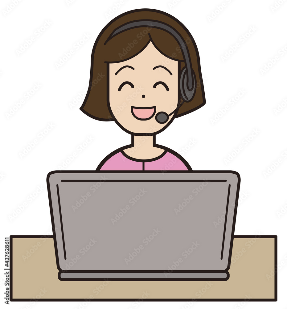 パソコン入力をしながら電話応対をするピンクの服の20代から30代女性 コールセンター 笑顔 パソコン入力をしながら電話応対をするピンクの服の20代から30代女性 コールセンター 笑顔
