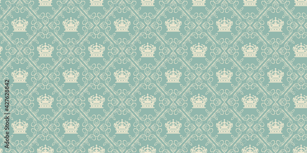 Decorative background pattern in royal style on blue background, vintage style, wallpaper. Seamless pattern, texture for your design. Vector image