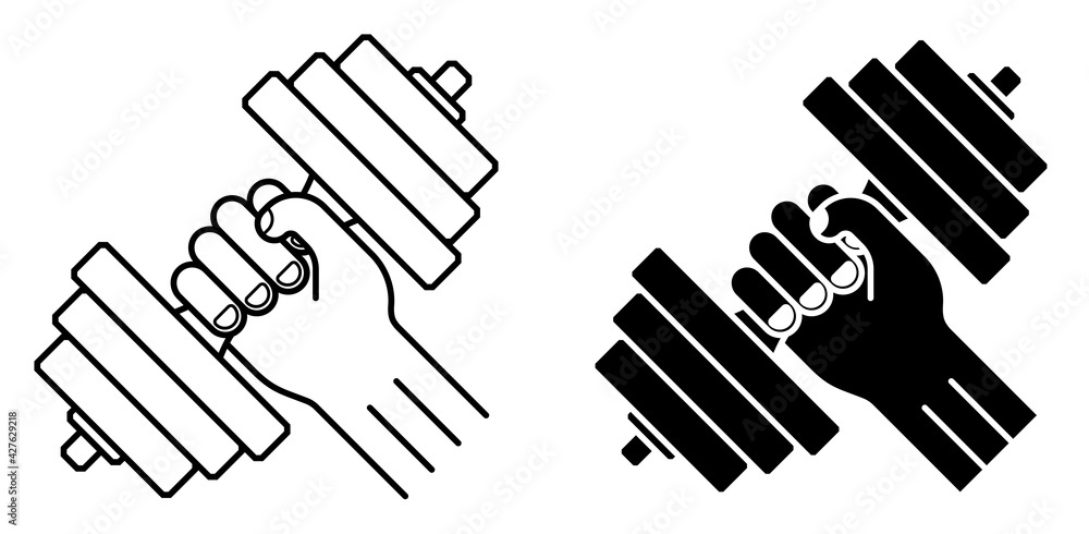 strong hand of athlete holds dumbbell. Sports and active lifestyle. Black white vector on blank background strong hand of athlete holds dumbbell. Sports and active lifestyle. Black white vector on blank background