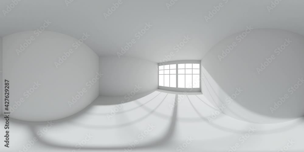 White empty room with white wall, floor, ceiling with sun light from window HDRI environment map, colorless white 360 degrees spherical panorama, view form room corner, 3d animation mock-up White empty room with white wall, floor, ceiling with sun light from window HDRI environment map, colorless white 360 degrees spherical panorama, view form room corner, 3d animation mock-up