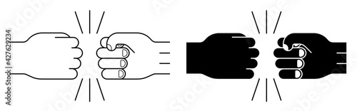 Two arms clenched fist bump in friendly greeting. Getting started collaborative teamwork. Symbol of strength and fight. Black white vector