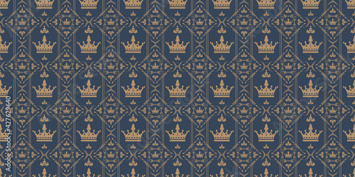 Background pattern with royal ornament on a dark blue background, wallpaper, vintage style. Seamless pattern, texture for your design. Vector graphics 