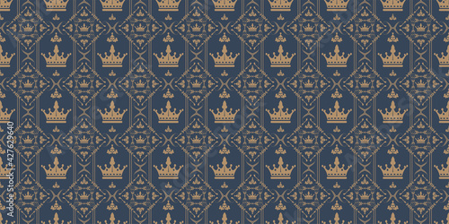 Background pattern with royal ornament on a dark blue background  wallpaper  vintage style. Seamless pattern  texture for your design. Vector graphics 