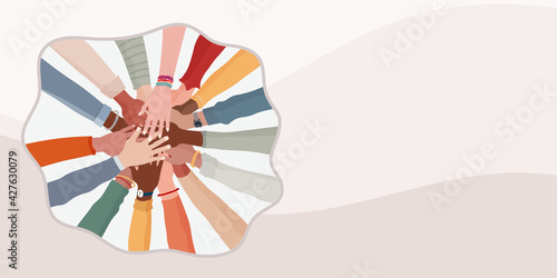 Group hands on top of each other of diverse multi-ethnic and multicultural people.Diversity people. Concept of teamwork community and cooperation.Diverse culture.Racial equality.Banner