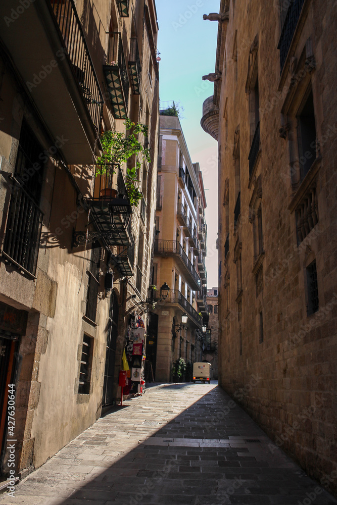 BARCELONA, SPAIN - OCT 24, 2019: Old medieval architecture of the streets of Barcelona