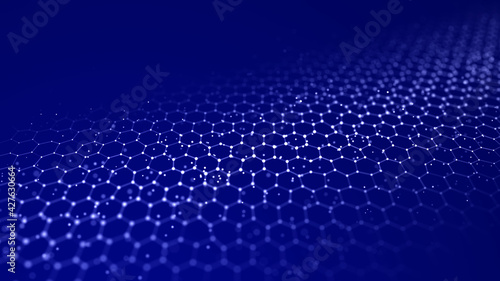 Abstract hexagon wave with moving dots. Flow of particles. Cyber technology illustration. 3d rendering © estar 2020