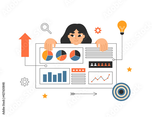 Marketing analytics, business intelligence, market statistics concept. Manager holding a board measuring customer information and data. Report, research, KPI. Isolated flat vector illustration