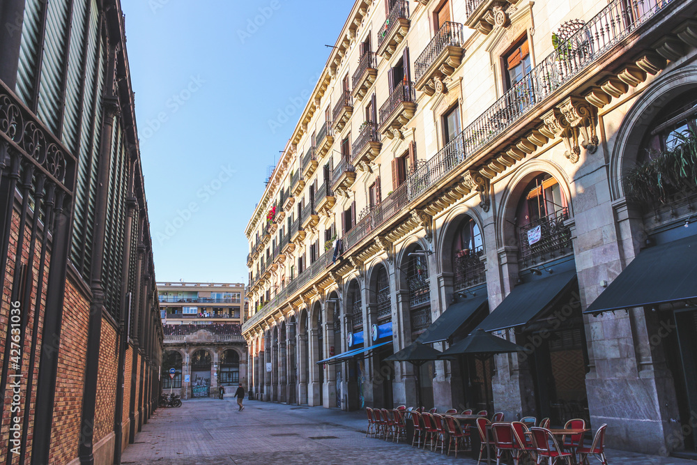 BARCELONA, SPAIN - OCT 24, 2019: Old architecture of the streets of Barcelona