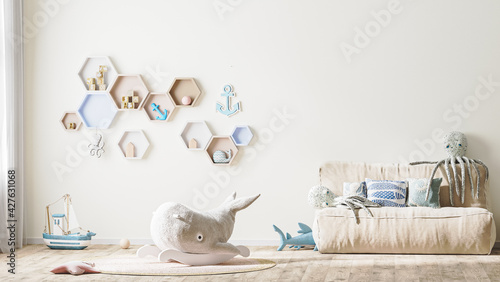 Tableau sur toile Stylish children's room interior in light tones with toys, bed and shelves, mode