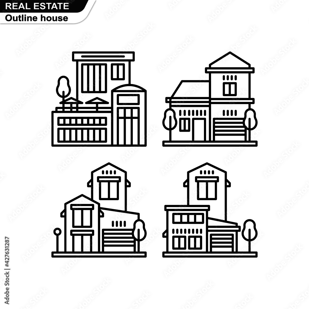 Vector illustration of a house and hotel designed in an outline style for a building