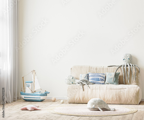 Fotografie Children's room with bed and soft toys, white wall mock up in kids room interior