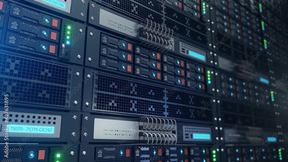 Close the server rack cluster in the data center with the selected focus, narrow depth field. The camera moves along the server with different clusters. 3D 4K loop animation Close the server rack cluster in the data center with the selected focus, narrow depth field. The camera moves along the server with different clusters. 3D 4K loop animation