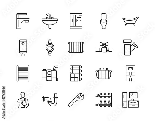 Plumbing flat line icon set. Vector illustration water supply, sewerage, heating, engineering plumbing. Editable strokes