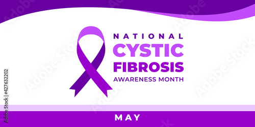 National cystic fibrosis awareness month. Vector web banner for social media, poster, card, flyer. Text National cystic fibrosis awareness month, may. Purple ribbon on white background.