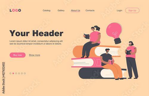 Happy tiny students reading books flat vector illustration. Cartoon bookworm people sitting or standing near big pile of books. Library and education concept
