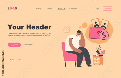 Sad unhappy person having money problem. Broke man feeling sad and depressed, staying home and thinking of unpaid loan. Vector illustration for bankrupt, financial crisis, depression concept